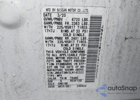 2020 Nissan Rogue Sv Intelligent Awd z USA, uszkodzony, nr VIN JN8AT2MV2LW142322